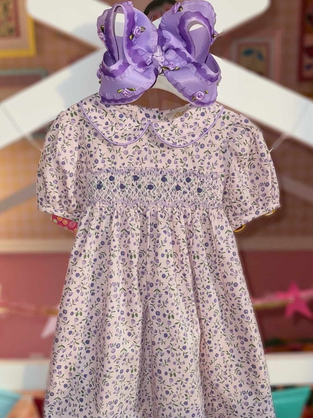 The Beaufort Bonnet Company Lavender Floral Smocked Dress with Purple Bow
